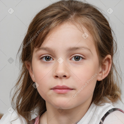 Neutral white child female with medium  brown hair and blue eyes