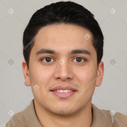 Joyful white young-adult male with short  black hair and brown eyes