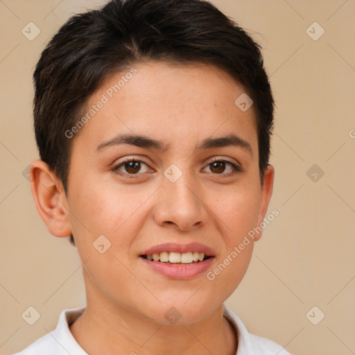 Joyful white young-adult female with short  brown hair and brown eyes