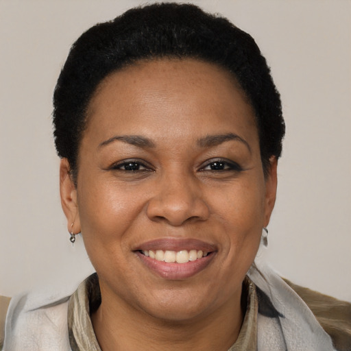 Joyful black adult female with short  brown hair and brown eyes