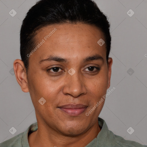 Joyful white adult female with short  brown hair and brown eyes