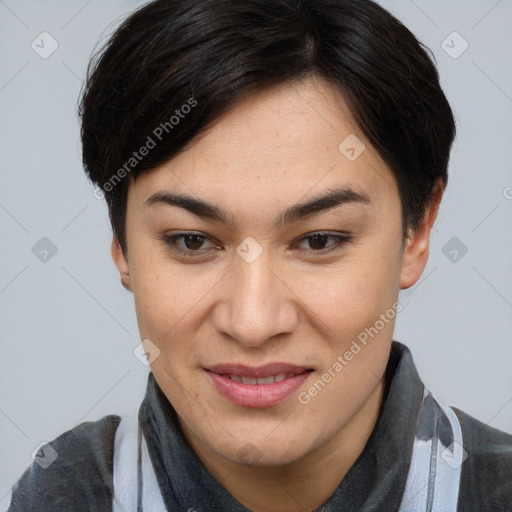 Joyful asian young-adult female with short  brown hair and brown eyes