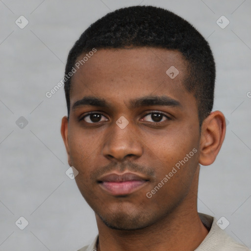 Neutral black young-adult male with short  black hair and brown eyes