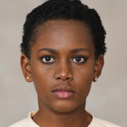 Neutral black young-adult female with short  black hair and brown eyes