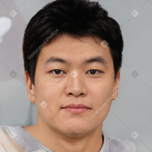 Neutral asian young-adult male with short  brown hair and brown eyes