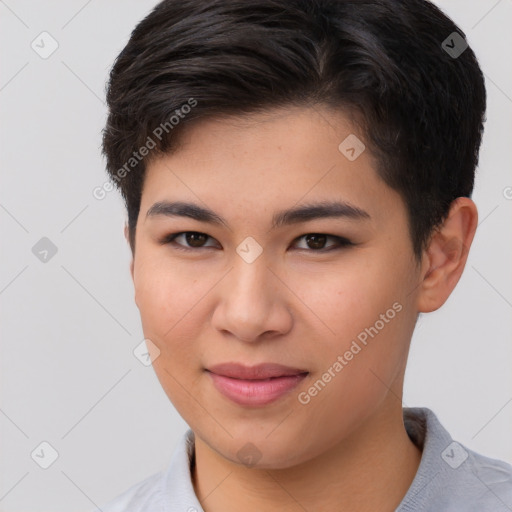 Joyful asian young-adult female with short  brown hair and brown eyes