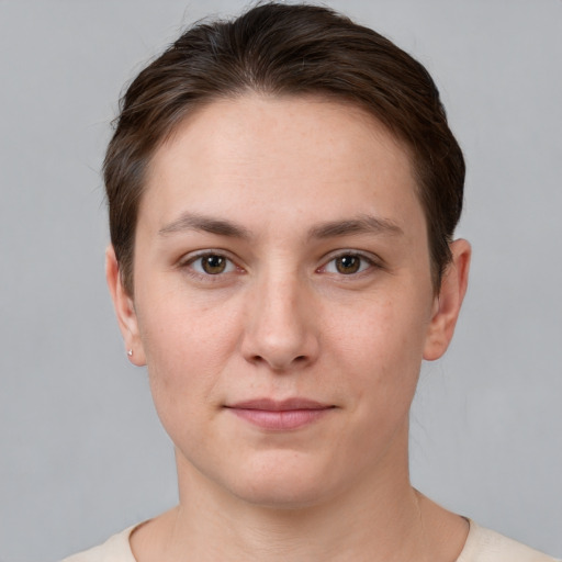 Neutral white young-adult female with short  brown hair and grey eyes