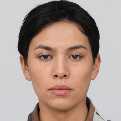 Neutral asian young-adult female with short  black hair and brown eyes