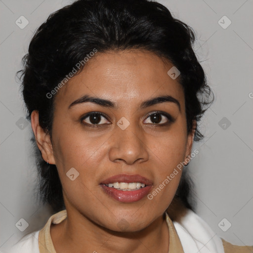 Joyful latino young-adult female with medium  brown hair and brown eyes