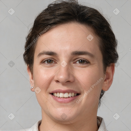 Joyful white young-adult female with short  brown hair and brown eyes