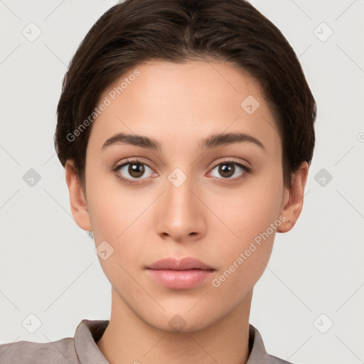 Neutral white young-adult female with short  brown hair and brown eyes