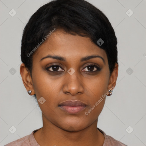 Neutral asian young-adult female with short  black hair and brown eyes