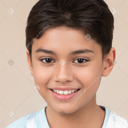 Joyful white child female with short  brown hair and brown eyes