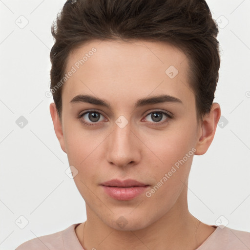 Neutral white young-adult female with short  brown hair and brown eyes