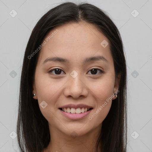 Joyful white young-adult female with long  brown hair and brown eyes