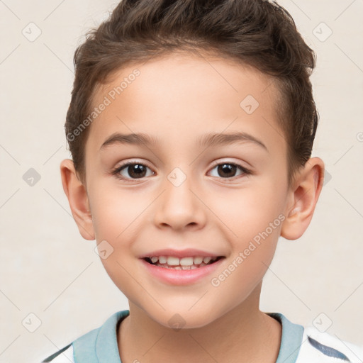 Joyful white child female with short  brown hair and brown eyes