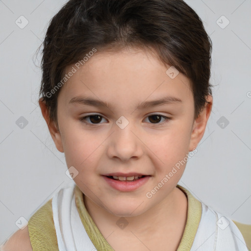 Joyful white child female with short  brown hair and brown eyes