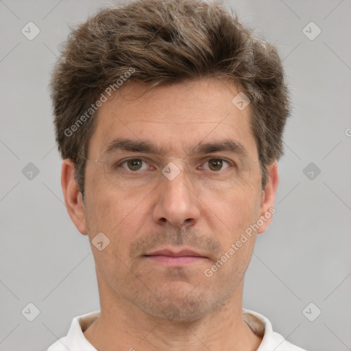 Neutral white adult male with short  brown hair and brown eyes