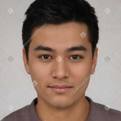 Neutral asian young-adult male with short  black hair and brown eyes