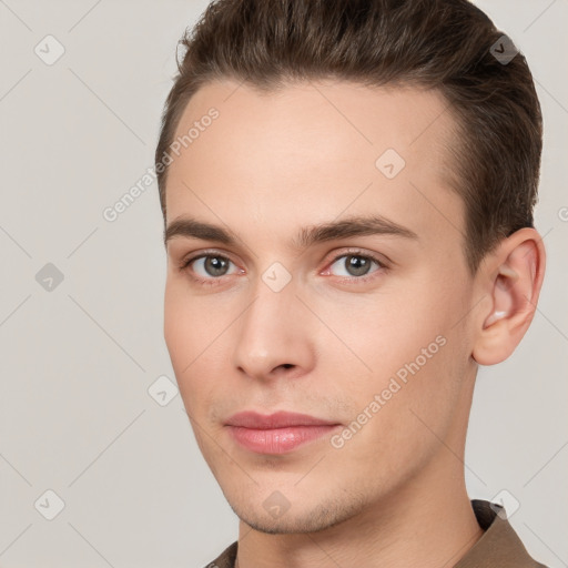 Neutral white young-adult male with short  brown hair and brown eyes