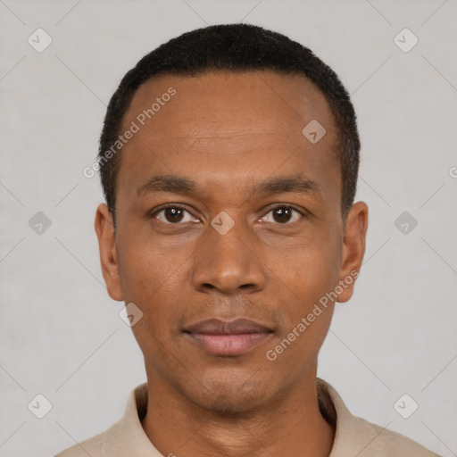 Neutral latino young-adult male with short  black hair and brown eyes