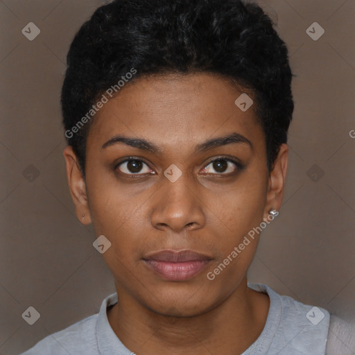 Neutral black young-adult female with short  black hair and brown eyes