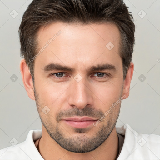 Neutral white young-adult male with short  brown hair and brown eyes