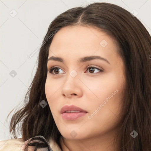 Neutral white young-adult female with long  brown hair and brown eyes