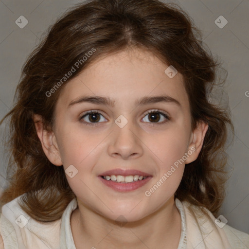 Joyful white child female with medium  brown hair and brown eyes