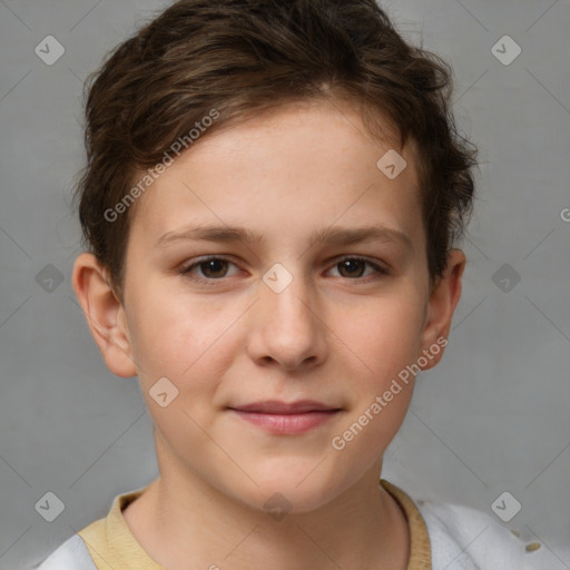 Joyful white child female with short  brown hair and brown eyes