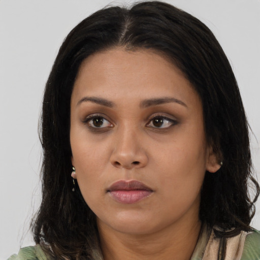 Neutral asian young-adult female with long  brown hair and brown eyes