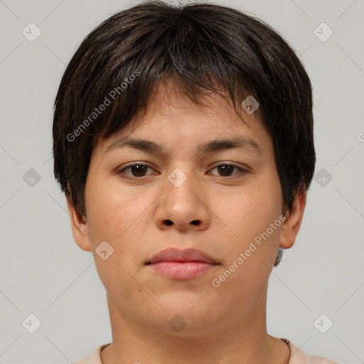 Neutral asian young-adult female with short  brown hair and brown eyes