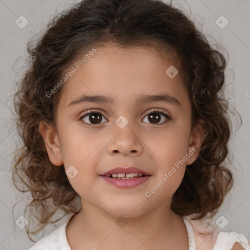 Joyful white child female with medium  brown hair and brown eyes