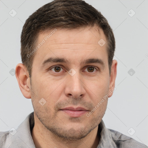 Neutral white adult male with short  brown hair and brown eyes