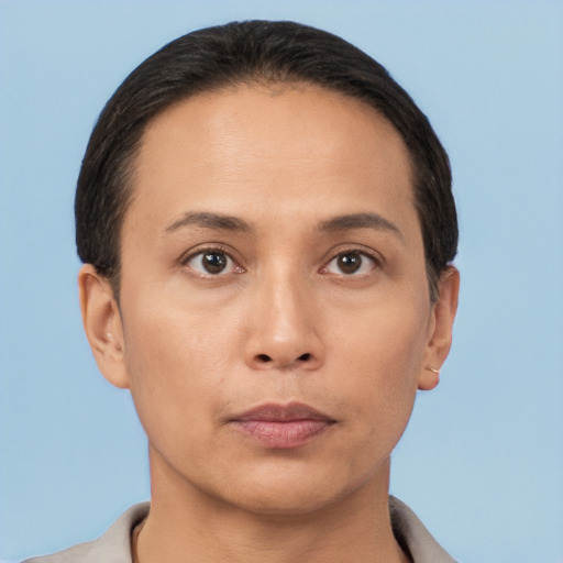 Neutral asian young-adult female with short  brown hair and brown eyes