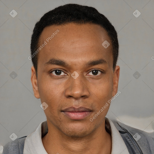 Neutral latino young-adult male with short  black hair and brown eyes