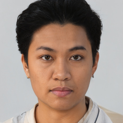Neutral latino young-adult female with short  black hair and brown eyes