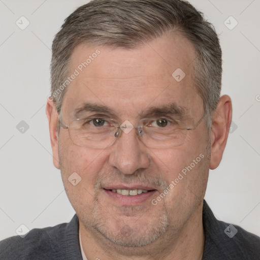 Joyful white middle-aged male with short  brown hair and brown eyes