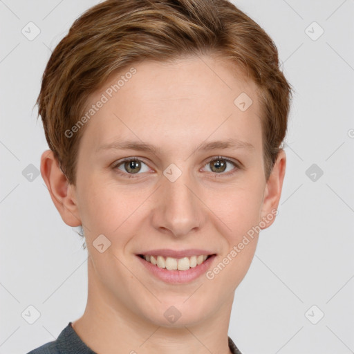 Joyful white young-adult female with short  brown hair and grey eyes