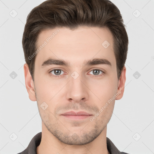 Neutral white young-adult male with short  brown hair and brown eyes