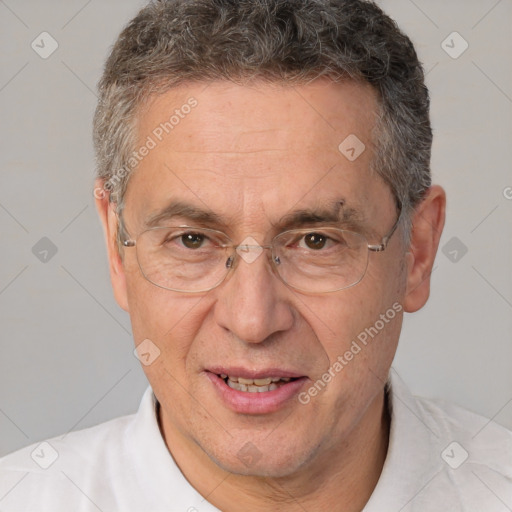 Joyful white middle-aged male with short  brown hair and brown eyes