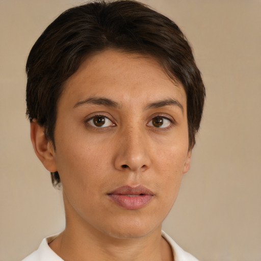 Neutral asian young-adult female with short  brown hair and brown eyes