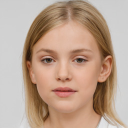 Neutral white child female with medium  brown hair and blue eyes