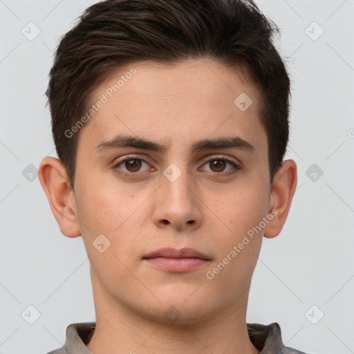 Neutral white young-adult male with short  brown hair and brown eyes