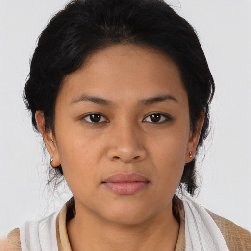 Neutral asian young-adult female with long  black hair and brown eyes