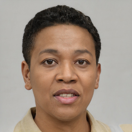 Joyful black adult female with short  brown hair and brown eyes