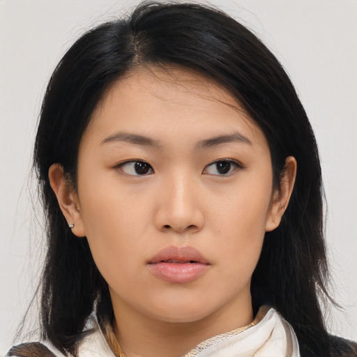 Neutral asian young-adult female with medium  black hair and brown eyes