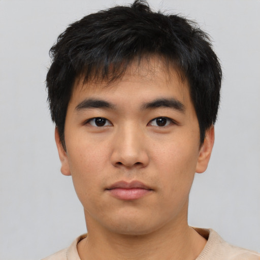 Neutral asian young-adult male with short  black hair and brown eyes