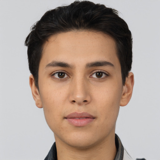 Neutral asian young-adult male with short  black hair and brown eyes