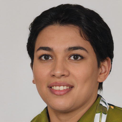 Joyful asian young-adult female with medium  black hair and brown eyes